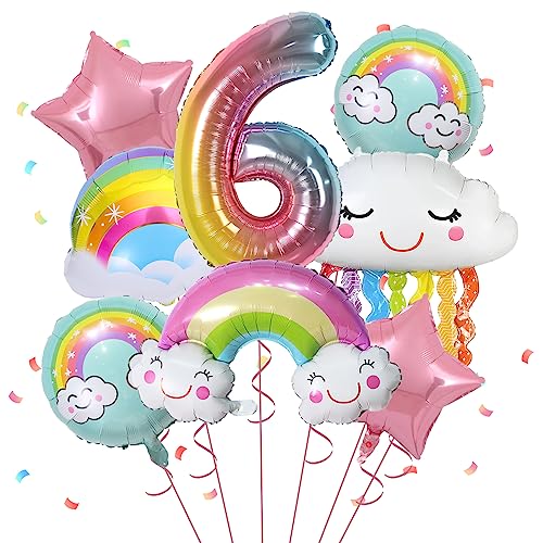 Geburtstag 6 Jahre Mädchen, 8 Stück Folienballons zum 6. Geburtstag für Mädchen, mit Regenbogen-Rosa-Stern-Pastell-Rundballons, Nummer 6 für Mädchen-Geburtstagsparty, Babyparty-Zubehör von FunHot