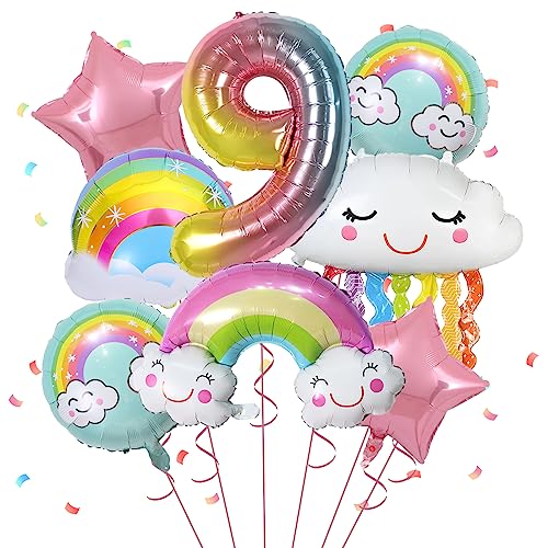 Geburtstagsdeko 9 Jahre Mädchen, 8 Stück Folienballons zum 8. Geburtstag für Mädchen, mit Regenbogen-Rosa-Stern-Pastell-Rundballons, Nummer 8 für Mädchen-Geburtstagsparty, Babyparty-Zubehör von FunHot