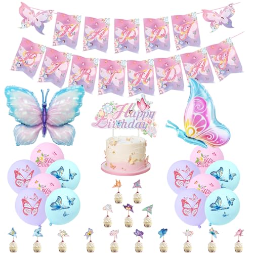 Geburtstagsdeko Mädchen, Schmetterling Geburtstag Deko, Happy Birthday Banner Lila Blau Rosa Luftballons Schmetterling Folienballons Cupcake Toppers für Mädchen Geburtstags Schmetterlinge Party Deko von FunHot
