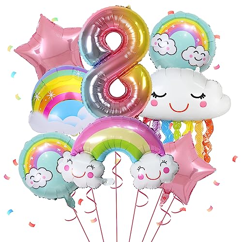 Geburtstagsdeko Mädchen 8 Jahre, 8 Stück Folienballons zum 8. Geburtstag für Mädchen, mit Regenbogen-Rosa-Stern-Pastell-Rundballons, Nummer 8 für Mädchen-Geburtstagsparty, Babyparty-Zubehör von FunHot