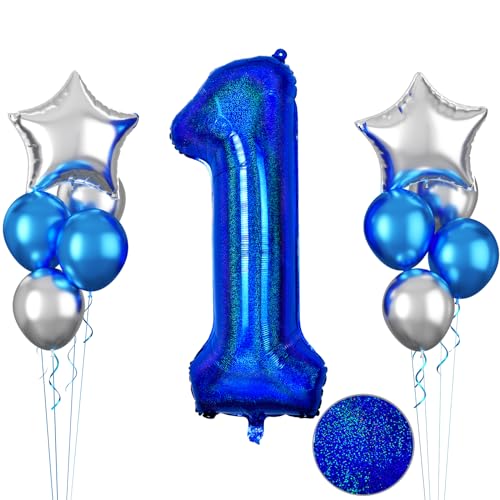 Glitzer Blau Luftballon 1, 40 Zoll Luftballons 1 Geburtstag, 11 Stück Metallic Blaue Latexballons Metallisch Silber Sternballons Blau Zahl 1 Folienballon für Jungen Mädchen 1 Geburtstag Party Deko von FunHot