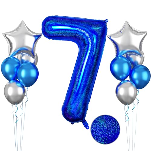 Glitzer Blau Luftballon 7, 40 Zoll Luftballons 7 Geburtstag, 11 Stück Metallic Blaue Latexballons Metallisch Silber Sternballons Blau Zahl 7 Folienballon für Jungen Mädchen 7 Geburtstag Party Deko von FunHot