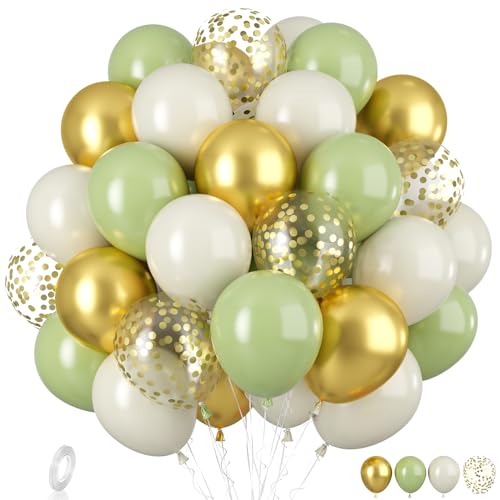 Grün und Gold Ballons, 45 Stück Salbei Grüne und Goldene Ballons, Goldene Konfetti Ballons Salbei Grün Goldene Weiße Latex Ballons für Geburtstag Baby Shower Hochzeit Jubiläumsfeier Dekorationen von FunHot