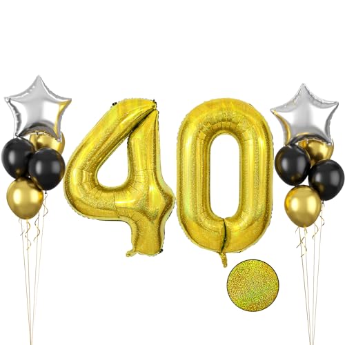 Luftballon 40 Geburtstag, 40 Zoll Glitzer Gold Folienballon 40, 12 Stück Gold Schwarz Latexballons Silber Sternballons Groß Gold Zahl 40 Ballon für Männer Frau Jubiläum 40 Geburtstag Party Deko von FunHot
