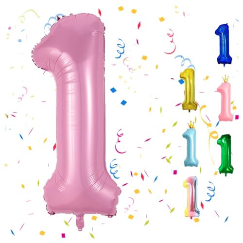 Luftballon 1 Geburtstag, 40" Pink Zahlen Luftballon, Rosa Folienballon 1, Perlrosa Geburtstag Zahlen Luftballon 1 jahre für Junge Mädchen Babyparty Geburtstagsdeko Jubiläumsparty Dekoration von FunHot