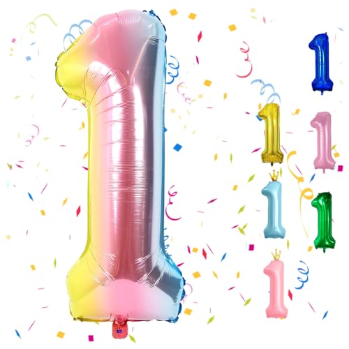 Luftballon 1 Geburtstag, 40" Regenbogen Zahlen Luftballon, Bunt Gradient Folienballon 1, Farbverlauf Geburtstag Zahlen Luftballon 1 jahre für Babyparty Geburtstagsdeko Jubiläumsparty Dekoration von FunHot