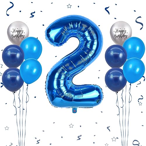 Luftballon 2. Geburtstag, 40 Zoll Blaue Zahl 2 Luftballon, 11 Stück Happy Birthday Latexballons Blau Groß Nummer 2 Folienballon für Jungen Mädchen Babydusche 2. Geburtstag Party Deko von FunHot