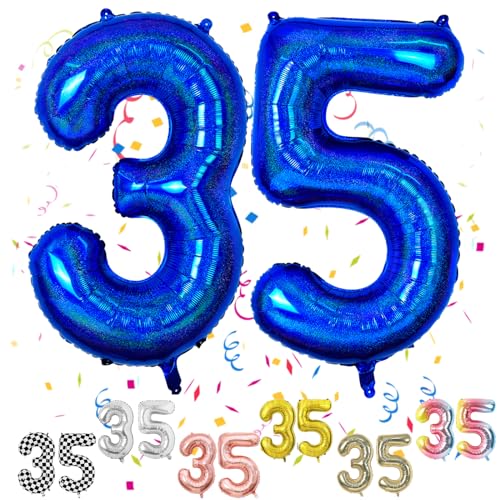 Luftballon 35 Geburtstag, 40" Blau Zahlen Luftballon, Laser Blau Folienballon 35, Geburtstag Zahlen Luftballon 35 jahre für Junge Mädchen Babyparty Geburtstagsdeko Jubiläumsparty Dekoration von FunHot