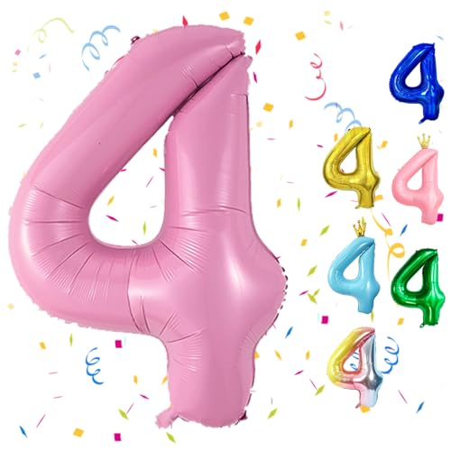 Luftballon 4 Geburtstag, 40" Pink Zahlen Luftballon, Rosa Folienballon 4, Perlrosa Geburtstag Zahlen Luftballon 4 jahre für Junge Mädchen Babyparty Geburtstagsdeko Jubiläumsparty Dekoration von FunHot