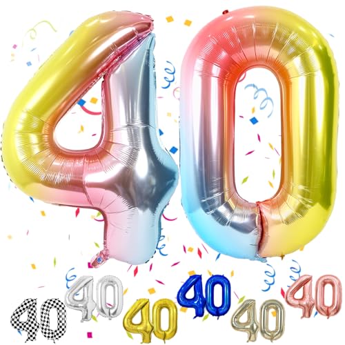 Luftballon 40 Geburtstag, 40" Regenbogen Zahlen Luftballon, Bunt Gradient Folienballon 40, Farbverlauf Geburtstag Zahlen Luftballon 40 jahre für Babyparty Geburtstagsdeko Jubiläumsparty Dekoration von FunHot