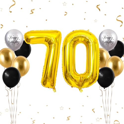 Luftballon 70. Geburtstag, 40 Zoll Gold Zahl 70 Luftballon, 12 Stück Happy Birthday Latexballons Schwarz Gold Groß Nummer 70 Folienballon für Männer Frauen Jubiläum 70. Geburtstag Party Deko von FunHot