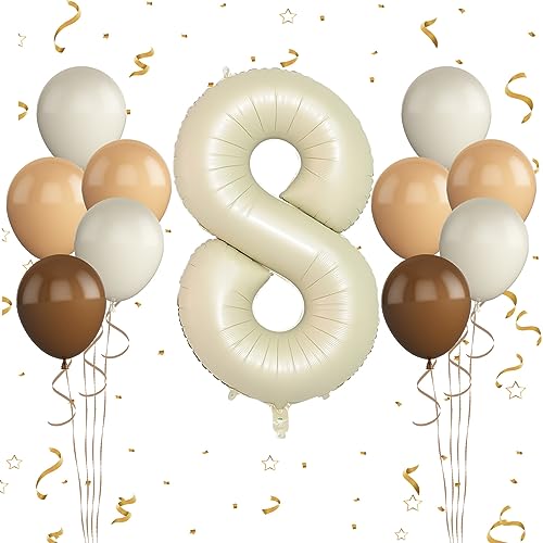 Luftballon 8. Geburtstag, 40 Zoll Cremeweiß Zahl 8 Luftballon, 11 Stück Happy Birthday Latexballons Aprikose Braun Ballons Nummer 8 Folienballon für Jungen Mädchen Jubiläum 8. Geburtstag Party Deko von FunHot