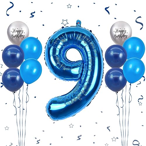 Luftballon 9. Geburtstag, 40 Zoll Blaue Zahl 9 Luftballon, 11 Stück Happy Birthday Latexballons Blau Groß Nummer 9 Folienballon für Jungen Mädchen Jubiläum 9. Geburtstag Party Deko von FunHot