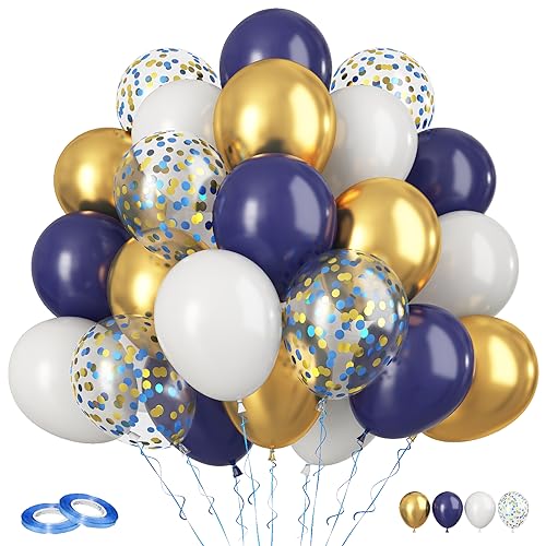 Luftballons Blau Gold, 60pcs Marineblau Goldene Ballons, 12 Zoll Metallic Gold Blau Confetti Luftballons Helium Weiße Latexballons für Jungen Geburtstag Babyparty Hochzeitsabschluss Party Deko von FunHot
