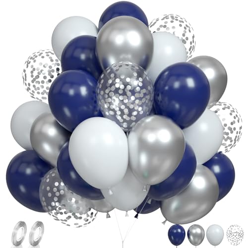 Marineblau Silber Weiß Luftballons, 60Pcs 12 Zoll Marineblau Weiß Metallic Silber Luftballons Set mit Konfetti Helium Latex Ballons für Hochzeit Baby Dusche Graduation Party Dekorationen von FunHot
