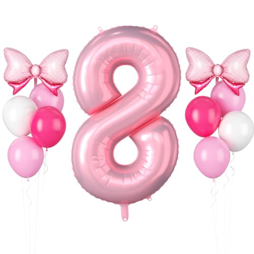 Luftballon 8 Geburtstag, 40 Zoll Hell Pink Folienballon 8, 11 Stück Pastell Rosa Weiß Latexballons Heißes Rosa Schleife Folienballon Groß Rosa Zahl 8 Ballon für Mädchen 8 Geburtstag Party Deko von FunHot