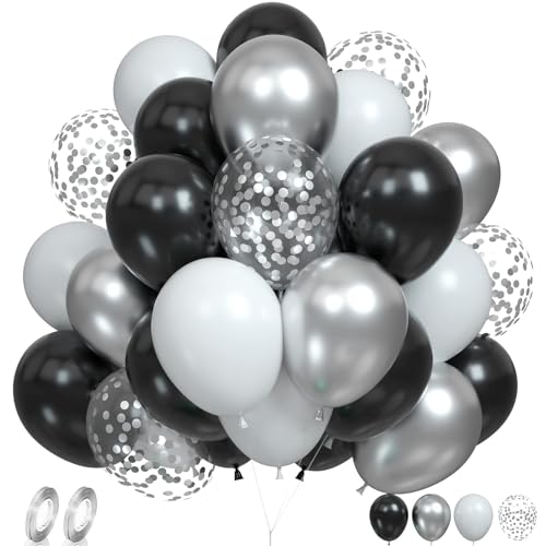 Schwarz Silber Luftballons, 60Pcs 12 Zoll Schwarz Weiß Metallic Silber Luftballons Set mit Silber Konfetti Ballons Helium Latex Ballons für Hochzeit Baby Dusche Graduierung Feier Party Dekorationen von FunHot