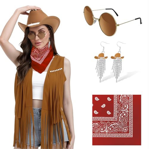 FunMular Disco Western-Outfit für Damen, Cowgirl-Outfit, Kostümzubehör, Cowboyhut, Quaste, Fransenweste, Ohrring, Bandana für Halloween (Khaki, Größe 2XL) von FunMular