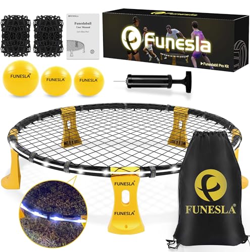 Funeslaball Outdoor Spieleset, Beleuchtetes Roundnet Spieleset Team Games bestehend aus Lichtleiste, Spielnetz & Wettkampfnetz, 3 Bällen, Kordelzug, Ballpumpe, Spiel für Garten, Strand, Park, drinnen Funeslaball Outdoor Spieleset, Beleuchtetes Roundnet Spieleset Team Games bestehend aus Lichtleiste, Spielnetz & Wettkampfnetz, 3 Bällen, Kordelzug, Ballpumpe, Spiel für Garten, Strand, Park, drinnen von Funesla