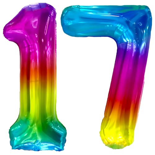 FUNFEST Luftballon zum 17. oder 71. Geburtstag, Regenbogen, 100 cm – Dekoration zum Geburtstag – inklusive XL-Ballon & Strohhalm – Fliegt mit Helium – hochwertige Qualität von Funfest