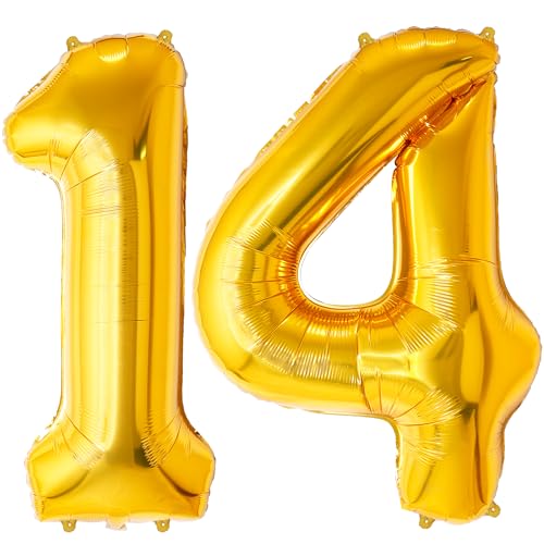 FUNFEST Luftballon zum 14. oder 41. Geburtstag, goldfarben, 100 cm – Dekoration zum Geburtstag – inklusive XL-Ballon & Strohhalm – mit Helium – hochwertige Qualität von Funfest