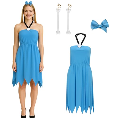 Funhoo Damen Betty Kostüm Steinzeit Blau Neckholder Kleid mit Schleife Knochen Ohrring Familie Höhlenmensch Cartoon Rollenspiel Cosplay Halloween Party Lustiges Outfit (M) von Funhoo