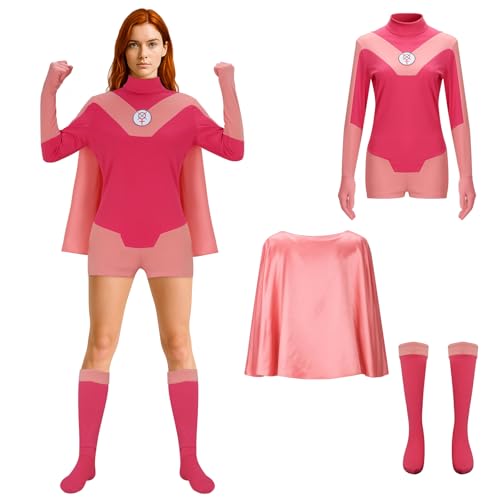 Funhoo Damen Kostüm Eve Rosa Jumpsuit mit Umhang Heldin Bodysuit Overall Outfit für Halloween Cosplay Party Erwachsene Uniform Trikot (S) von Funhoo