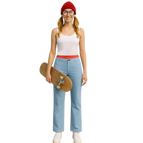 Funhoo Damen Kostüm Subway Parkour 5er Set Rotes Beanie Weiß Trägertop Höschen Hose mit Brille Parkourläufer Halloween Party Cosplay Freizeit Sport Outfit (M) von Funhoo