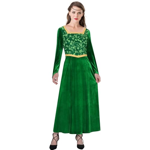 Funhoo Frauen Kleid Prinzessin Fiona Kostüm Grün Einteiliges Kleid Samt Langarm Abendkleid für Halloween Party Cosplay Outfit (M) von Funhoo