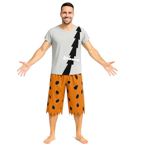 Funhoo Herren Bamm-Bamm Steinzeit Höhlenmensch Kostüm T-Shirt Hose mit Knochen Zubehör Halloween Cosplay Familie Rollenspiel Party Verkleidung (XXL) von Funhoo