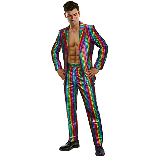 Funhoo Herren Disco Party Kostüm Metallic 2-teilig Jacke Hosen 70er Jahre Langarm Glänzende Pailletten Anzug für Halloween Cosplay Karneval Vintage Outfit (M) von Funhoo