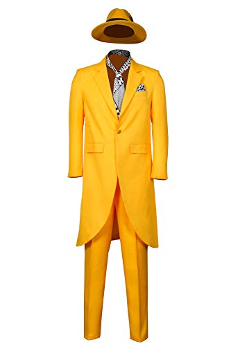 Funhoo Herren Jim Carrey Cosplay Kostüm Gelber Mantel Hose mit Krawatte Hut Brusttuch Langer Anzug 90er Jahre Komödie Film Verkleidung Halloween Party Outfit für Erwachsene (L, gelb) von Funhoo