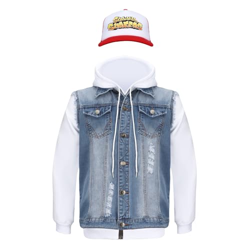 Funhoo Herren Kostüm Subway Parkour Jake 3 Stück Set Weiß Hoodie Denim Weste mit Baseball Kappe Halloween Cosplay Freizeit Sport Outfit Alltagskleidung (L) von Funhoo