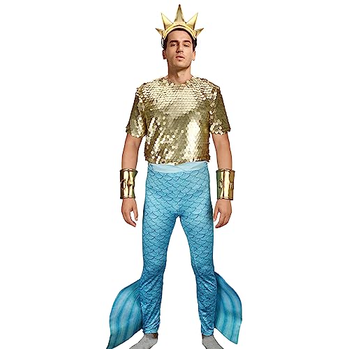 Funhoo Herren Triton König Kostüm Merman Krone Meergott Poseidon Wassermann Fischschwanz Halloween Cosplay Verkleidung Party Outfits für Erwachsene (L) von Funhoo