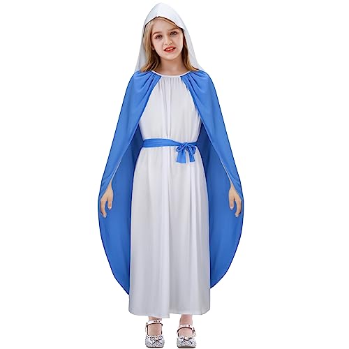 Funhoo Maria Kostüm Mädchen Jungfrau Heilige Biblische Figur Outfit für Kinder Kleid Tunika Kopftuch für Krippenspiel Weihnachtskrippe Party (110) von Funhoo