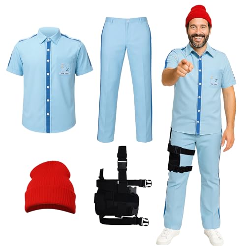 Funhoo Steve Zissou Kostüm Herren Aquatic Uniform Kurzarm Hemd Blaue Hose mit rotem Hut Beinbeutel Halloween Cosplay Rollenspiel Outfit (blau, M) von Funhoo