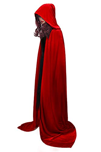 Funhoo Unisex Samt Umhang Lange Kapuze Vampir Satan Cape Mantel für Erwachsene Halloween Karneval Cosplay Kostüm Party Outfit 165 cm (Rot) von Funhoo