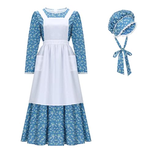Funhoo Viktorianisches Dienstmädchen-Kostüm für Damen, florales Pionierkleid mit Kapuze und Schürze, Kleidung, bescheidenes Prärie-Kolonialkleid, langärmelig, Blau, Größe L von Funhoo