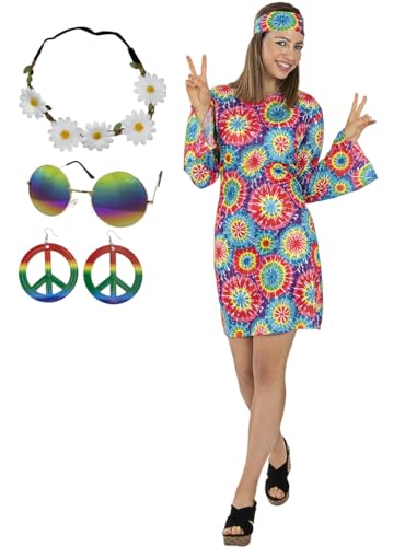 Funidelia | 60er Hippie Kostüm mit Zubehör für Damen De jaren '60, Hippie, Flower power, Berufe - Kostüm für Erwachsene & Verkleidung für Partys, Karneval & Halloween - Größe S - M - Bunt von Funidelia