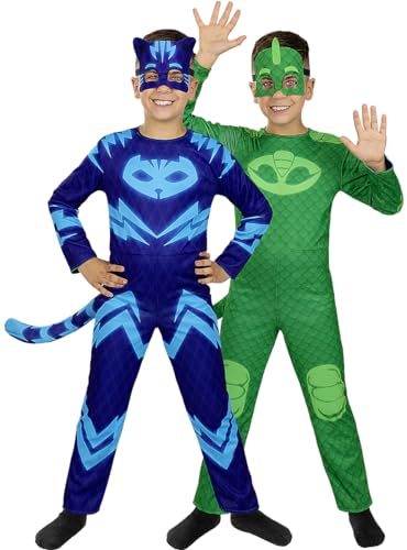 Funidelia | Catboy und Gecko Wendekostüm - PJ Masks für Jungen Zeichentrickfilm, Catboy, Eulette, Gecko - Kostüme für Kinder & Verkleidung für Partys, Karneval & Halloween - Größe 5-6 Jahre - Blau von Funidelia