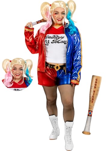 Funidelia | Harley Quinn Kostüm mit Perücke und aufblasbarem Schläger - Suicide Squad für Damen Superhelden Kostüme für Erwachsene & Verkleidung für Partys, Karneval & Halloween - Größe XL - Rot Funidelia | Harley Quinn Kostüm mit Perücke und aufblasbarem Schläger - Suicide Squad für Damen Superhelden Kostüme für Erwachsene & Verkleidung für Partys, Karneval & Halloween - Größe XL - Rot von Funidelia