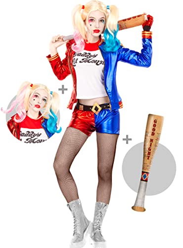 Funidelia | Harley Quinn Kostüm mit Perücke und aufblasbarem Schläger - Suicide Squad für Damen Superhelden - Kostüme für Erwachsene & Verkleidung für Partys, Karneval & Halloween - Größe L - Rot von Funidelia