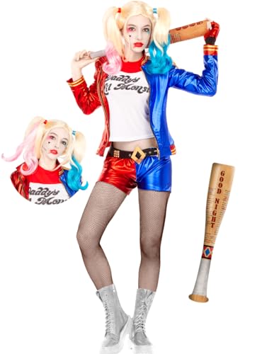 Funidelia | Harley Quinn Kostüm mit Perücke und aufblasbarem Schläger - Suicide Squad für Damen Superhelden - Kostüme für Erwachsene & Verkleidung für Partys, Karneval & Halloween - Größe L - Rot von Funidelia