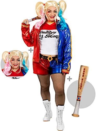 Funidelia | Harley Quinn Kostüm mit Perücke und aufblasbarem Schläger - Suicide Squad für Damen Superhelden Kostüme für Erwachsene & Verkleidung für Partys, Karneval & Halloween - Größe XXL - Rot von Funidelia