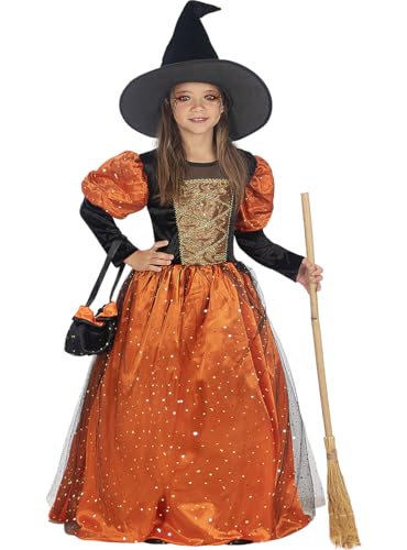 Funidelia | Hexen Kostüm Premium für Mädchen Hexen, Zauberer, Halloween, Horror - Kostüm für Kinder & Verkleidung für Partys, Karneval & Halloween - Größe 10-12 Jahre - Orange von Funidelia