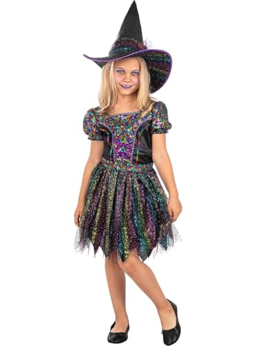 Funidelia | Hexen Kostüm glitzernd für Mädchen Hexen, Zauberer, Halloween, Horror - Kostüm für Kinder & Verkleidung für Partys, Karneval & Halloween - Größe 5-6 Jahre - Schwarz von Funidelia
