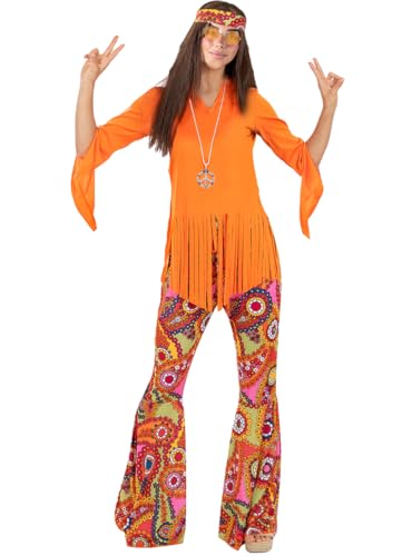 Funidelia | Hippie-Kostüm mit Zubehör für Damen De jaren '60, Hippie, Flower power, Berufe - Kostüm für Erwachsene & Verkleidung für Partys, Karneval & Halloween - Größe M - Orange von Funidelia