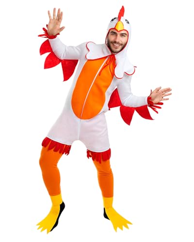 Funidelia Huhn Kostüm für Herren und Damen mit Overall, Hose, Überschuhen und Kapuze, Tier Outfit für Erwachsene, Karneval und Abschied – Größe L - XL von Funidelia