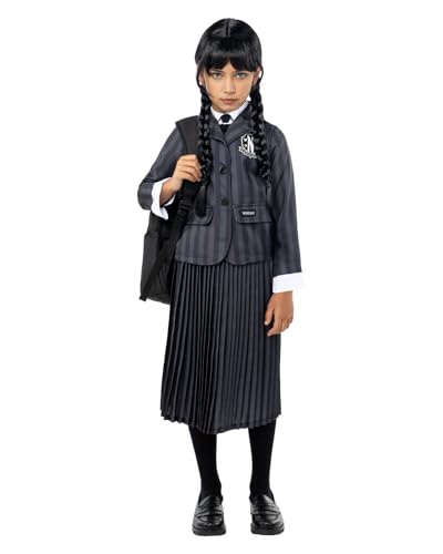 Funidelia Offizielles Wednesday Addams Schuluniform Kostüm für Mädchen mit Perücke, Familie Addams Anzug Kinder, Karneval, Halloween und Partys – Größe 10-12 Jahre von Funidelia