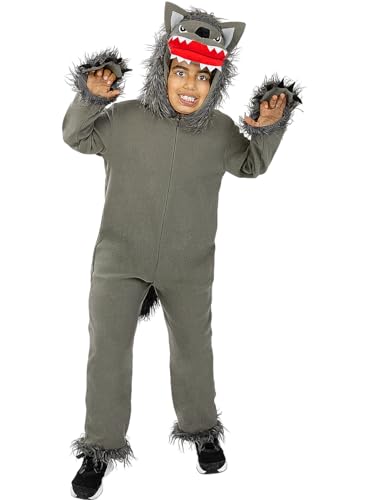 Funidelia | Wolf Kostüm für Jungen & Mädchen Tiere, Werwolf, Böse Wolf - Kostüme für Kinder & Verkleidung für Partys, Karneval & Halloween - Größe 10-12 Jahre - Grau/Silber von Funidelia